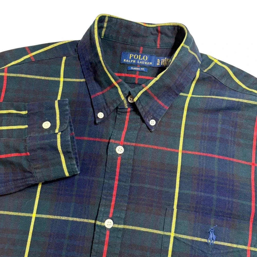 Polo‎ Ralph Lauren Button Down Shirt Mens XL Navy Green Plaid Classic Fit Cotton